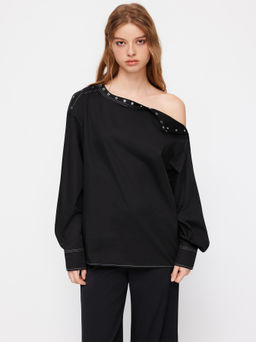 Cider - 100% Cotton Asymmetrical Neck Button Stitch Long Sleeve Oversized Blouse