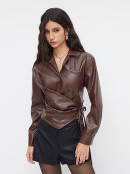 Cider - Faux Leather Collar Long Sleeve Wrap Tie Back Blouse