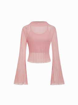 Cider - Two Piece Texture Stand Collar Flare Sleeve See-through Blouse & Cami Top