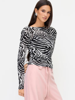 Cider - Two Piece Zebra Striped Asymmetrical Neck Long Sleeve Top With Cami Top