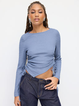 Cider - Texture Boat Neck Bell Sleeve Drawstring Ruched Asymmetrical Hem Top