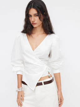 Cider - 100% Cotton V-neck Wrap Beaded Long Sleeve Blouse