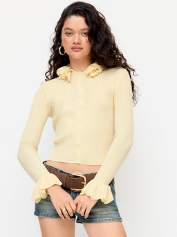 Cider - Knit Wool-blend Collar Long Sleeve Ruffle Trim Cardigan