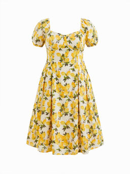 Cider - Cotton Square Neck Lemon Shirred Pleated Puff Sleeve Dress
