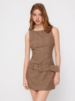Cider - Boat Neck Houndstooth Belted Mini Dress