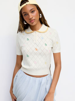 Cider - Knit Peter Pan Collar Snail Embroidery Pointelle Top