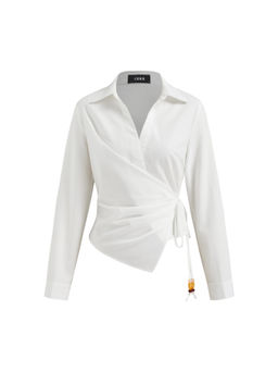 Cider - Linen-blend Collar Long Sleeve Wrap Beaded Asymmetrical Hem Blouse