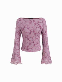 Cider - Boat Neck Applique Floral Lettuce Trim Bell Sleeve Blouse