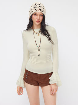 Cider - Round Neckline Ruched Bell Sleeve Tee