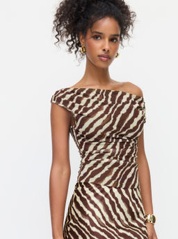 Cider - Mesh Zebra Striped Asymmetrical Neck Ruched Top