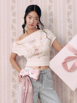 Cider - Two Way Cotton-blend Boat Neck Bowknot Graphic Ruched Tee