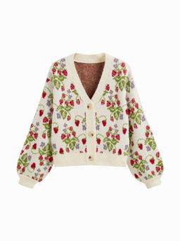 Cider - Knit V-neck Strawberry Button Oversized Cardigan