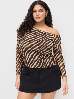 Cider - Mesh Asymmetrical Neck Zebra Striped Ruched Bell Sleeve Top Curve & Plus