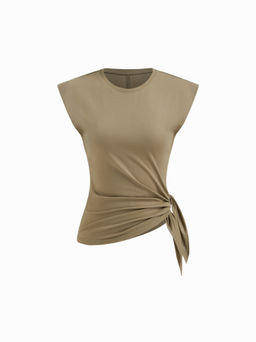 Cider - Cotton-blend Round Neckline Tie Side Ruched Top