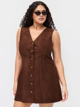 Cider - Suede V-neck Button Knotted Mini Dress Curve & Plus
