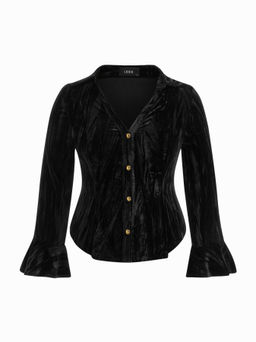 Cider - Velvet Collar Lace Up Back Bell Sleeve Blouse Curve & Plus