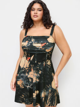 Cider - Mesh Square Neck Oil Painting Print Ruched Mini Dress Curve & Plus