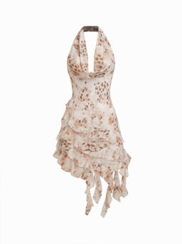 Cider - Halter Neckline Leopard Layered Asymmetrical Ruffle Hem Mini Dress