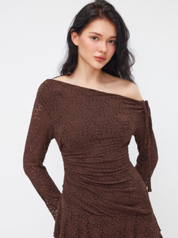 Cider - Lace Floral Asymmetrical Neck Long Sleeve Ruffle Ruched Layered Mini Dress
