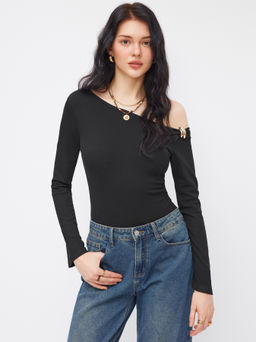 Cider - Asymmetrical Neck Metal Detail Ruched Long Sleeve Bodysuit