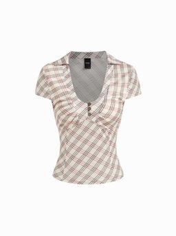 Cider - U-neckline Tartan Short Sleeve Top