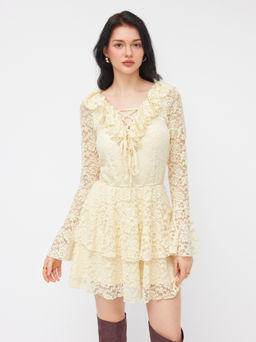 Cider - Lace Floral V-neck Long Sleeve Ruffle Lace Up Layered Mini Dress
