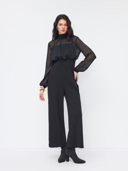 Cider - High Neck Ruched Knotted Wide Leg Jumpsuit