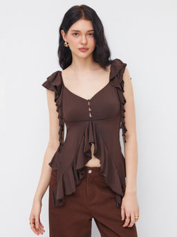 Cider - Sweetheart Neck Short Sleeve Asymmetrical Hem Ruffle Top