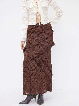 Cider - Lace Mid Rise Floral Ruffle Trim Skirt