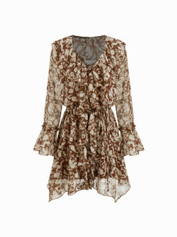 Cider - Two Pieces V-neck Floral Ruffle Knotted Mini Dress With Cami Mini Dress