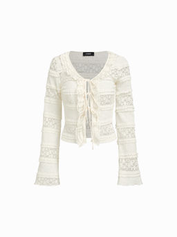 Cider - Scoop Neckline Lace Floral Tie Front Bowknot Top