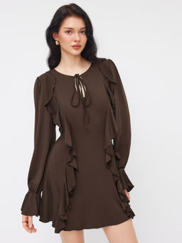 Cider - Ruffle Trim Tie Front Cut Out Long Sleeve Mini Dress