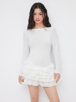 Cider - Cotton Boat Neck Broderie Anglaise Layered Mini Dress With Shorts
