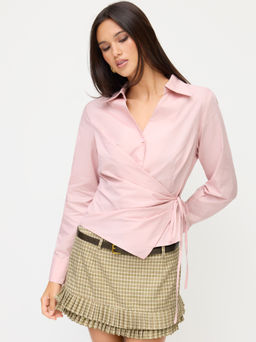 Cider - 100% Cotton Collar V-neck Long Sleeve Wrap Tie Side Shirt