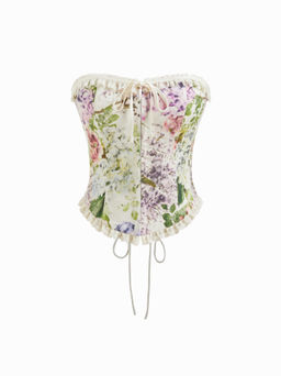 Cider - Cotton-blend Floral Lace Up Lettuce Trim Corset Bandeau Top