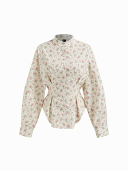 Cider - 100% Cotton Stand Collar Ditsy Floral Cinched Blouse With Pleated Detachable Collar