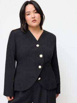 Cider - V-neck Asymmetrical Button Long Sleeve Blazer Curve & Plus