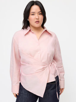 Cider - 100% Cotton Collar Knotted Long Sleeve Blouse Curve & Plus