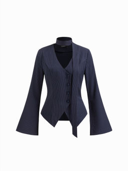 Cider - V-neck Striped Button Long Sleeve Blouse With Scarf