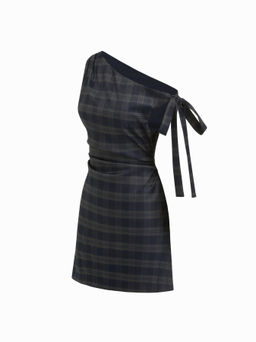 Cider - Asymmetrical Neck Plaid Ruched Knotted Mini Dress