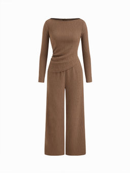 Cider - Boat Neck Texture Ruched Asymmetrical Hem Straight Leg Jumpsuit