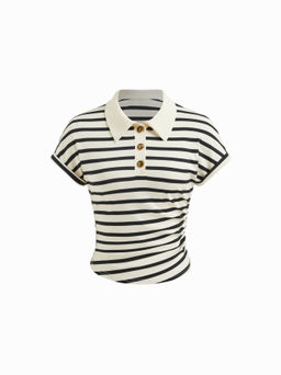 Cider - Cotton-blend Collar Stripe Ruched Short Sleeve Tee
