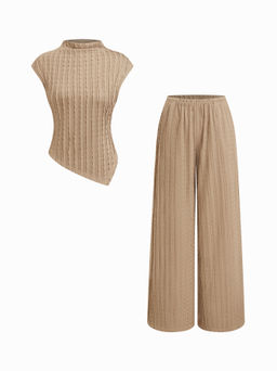 Cider - Stand Collar Asymmetrical Hem Texture Top & Mid Rise Straight Leg Trousers