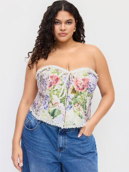 Cider - Cotton-blend Collarless Floral Lace Up Drawstring Top Curve & Plus