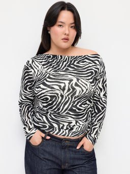 Cider - Asymmetrical Neck Zebra Striped Long Sleeve Top Curve & Plus