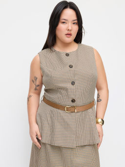 Cider - Round Neckline Houndstooth Blazer Vest With Belt Curve & Plus
