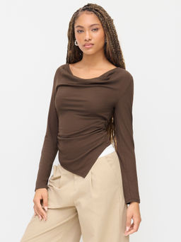 Cider - Cowl Neck Long Sleeve Asymmetrical Hem Ruched Top
