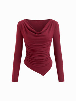 Cider - Cowl Neck Long Sleeve Asymmetrical Hem Ruched Top