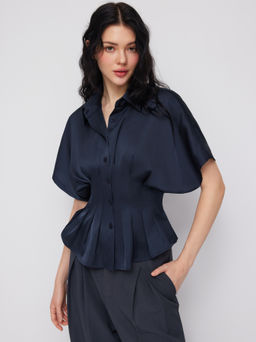 Cider - Satin Collar Pleated Cinched Short Sleeve Shirt