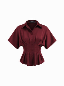 Cider - Satin Collar Pleated Cinched Short Sleeve Shirt